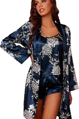 3-Piece Satin Floral Sleepwear Set – Midnight Navy