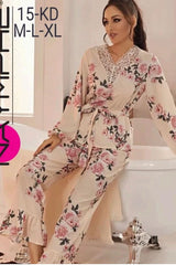 Floral Print Contrast Piping Drop Shoulder Belted Satin Robe & Pants PJ Set