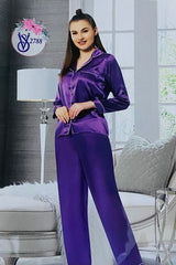 Elegant Satin Women's Nightwear Set Purple long Sleeve Pajama Set Luxurious Satin Night Suit for Women Women's pajama set Purple satin