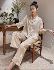 Beige Floral Satin Pajama Set