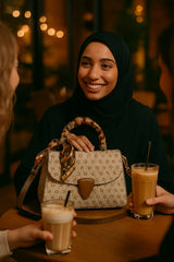 Print Satchel Bag with Button Closure and Adjustable Strap