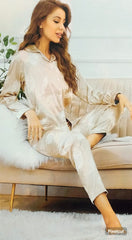 Beige Floral Satin Pajama Set