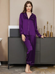 Elegant Satin Women's Nightwear Set Purple long Sleeve Pajama Set Luxurious Satin Night Suit for Women Women's pajama set Purple satin