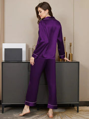 Elegant Satin Women's Nightwear Set Purple long Sleeve Pajama Set Luxurious Satin Night Suit for Women Women's pajama set Purple satin