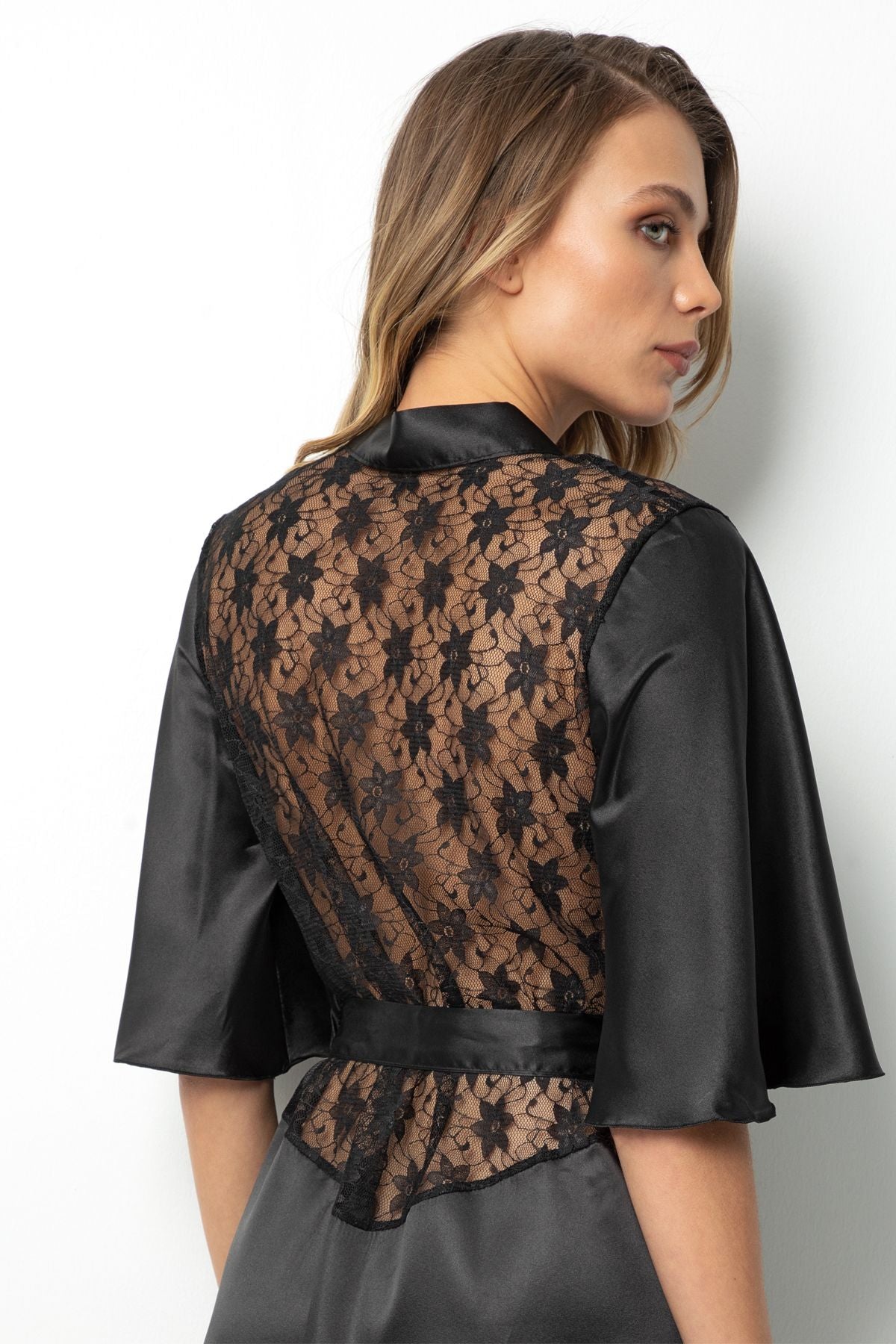 Black Satin &amp; Lace Midi Dress – Timeless Sophistication