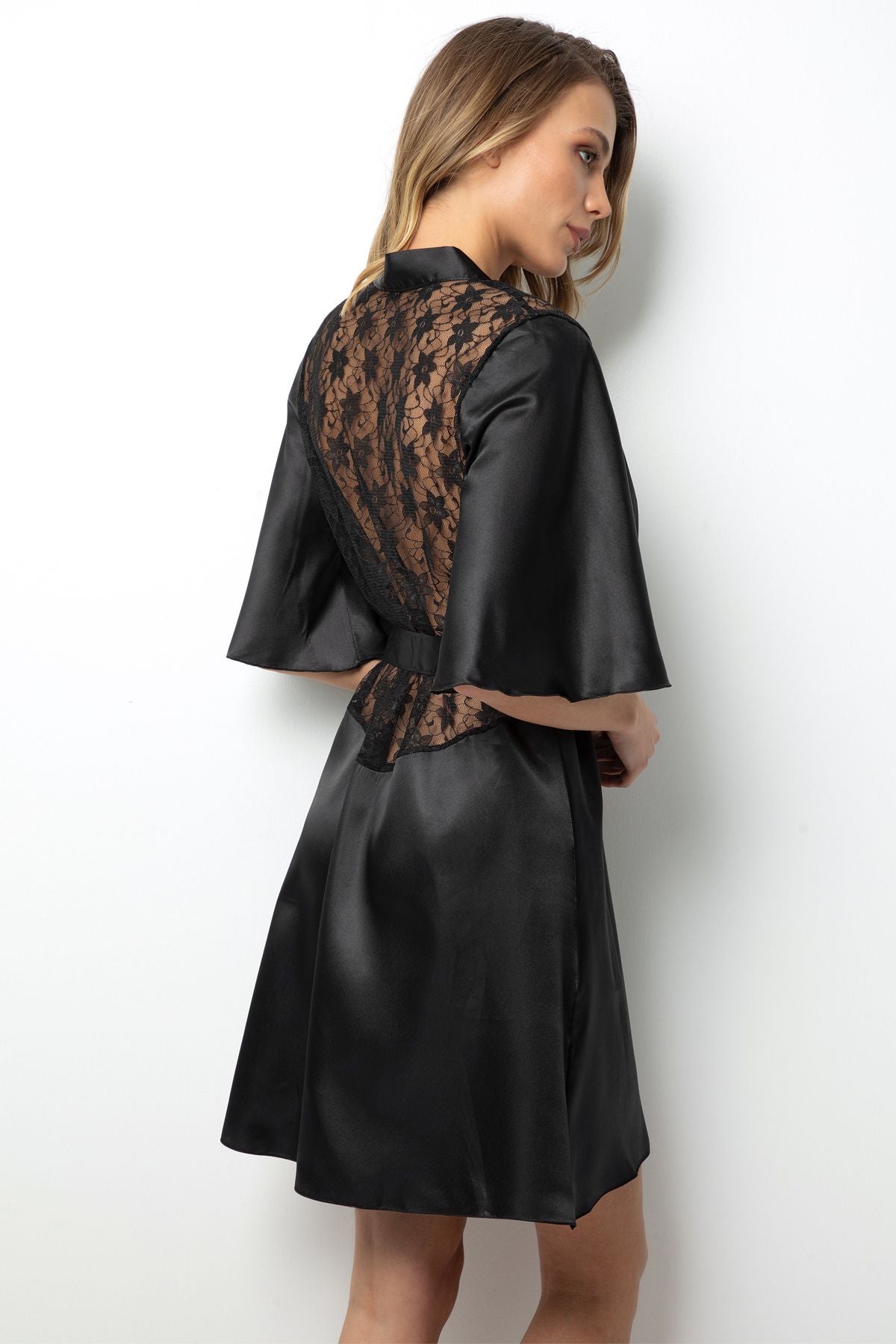 Black Satin &amp; Lace Midi Dress – Timeless Sophistication