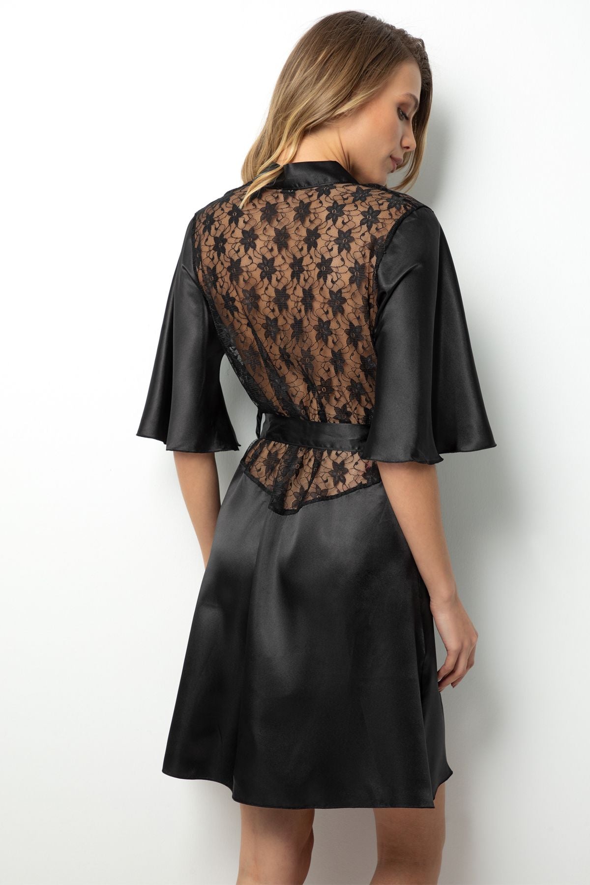 Black Satin &amp; Lace Midi Dress – Timeless Sophistication