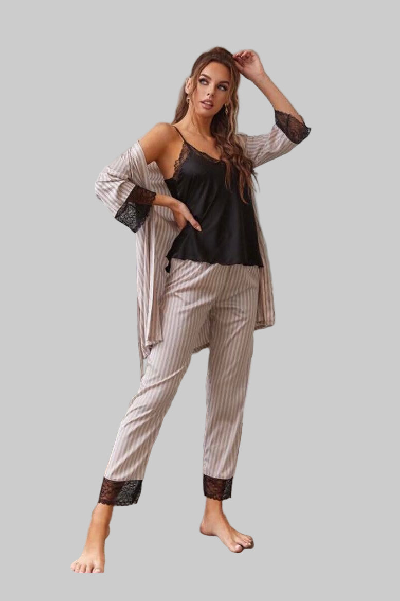 Nymphe 3-Piece Striped Satin Loungewear Set – Model No. 3137