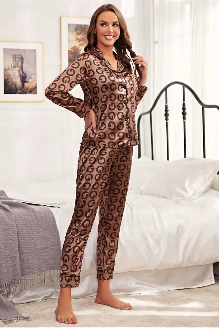 Luxe Satin Monogram Print Pajama Set
