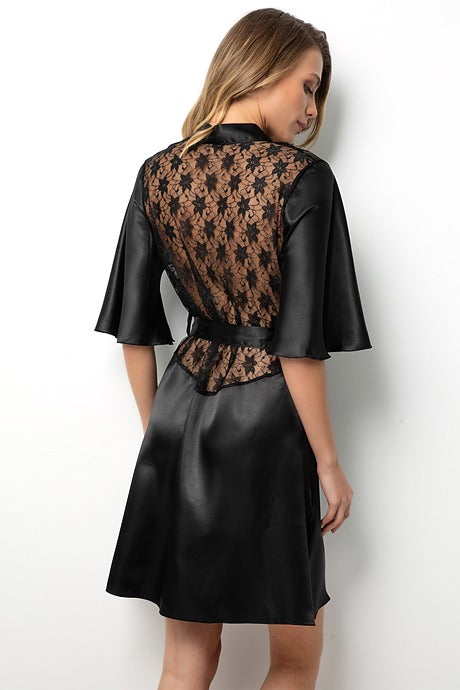 Black Satin &amp; Lace Midi Dress – Timeless Sophistication